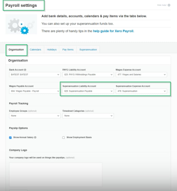 Xero Aus settings superannuation account 10040-2